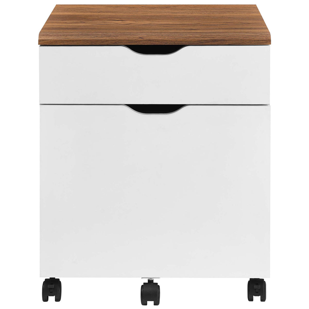 Modern two-tone walnut and white rolling file cabinet with two drawers for supplies and document storage. || EEI-5706-WAL-WHI || front_studio