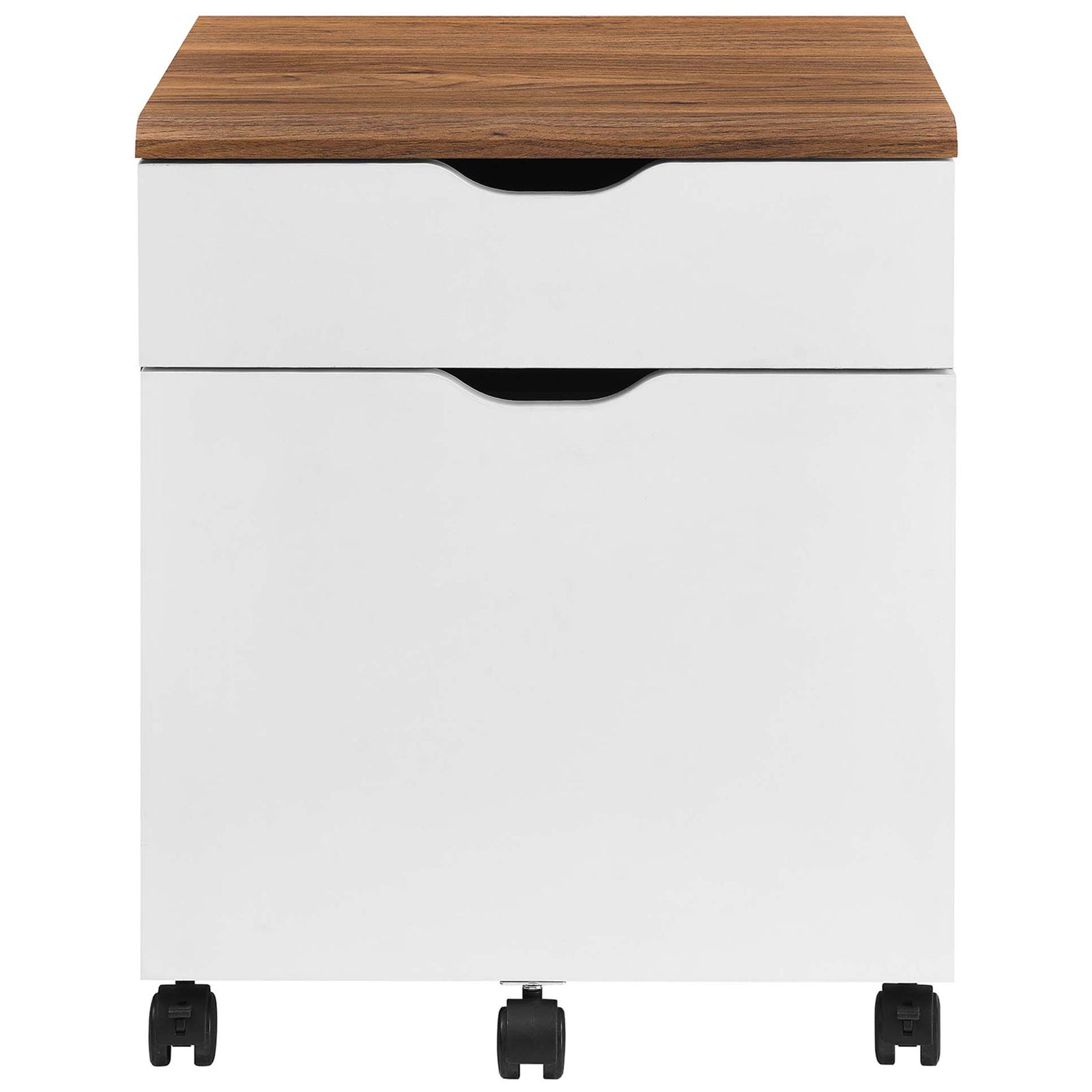 Modern two-tone walnut and white rolling file cabinet with two drawers for supplies and document storage. || EEI-5706-WAL-WHI || front_studio