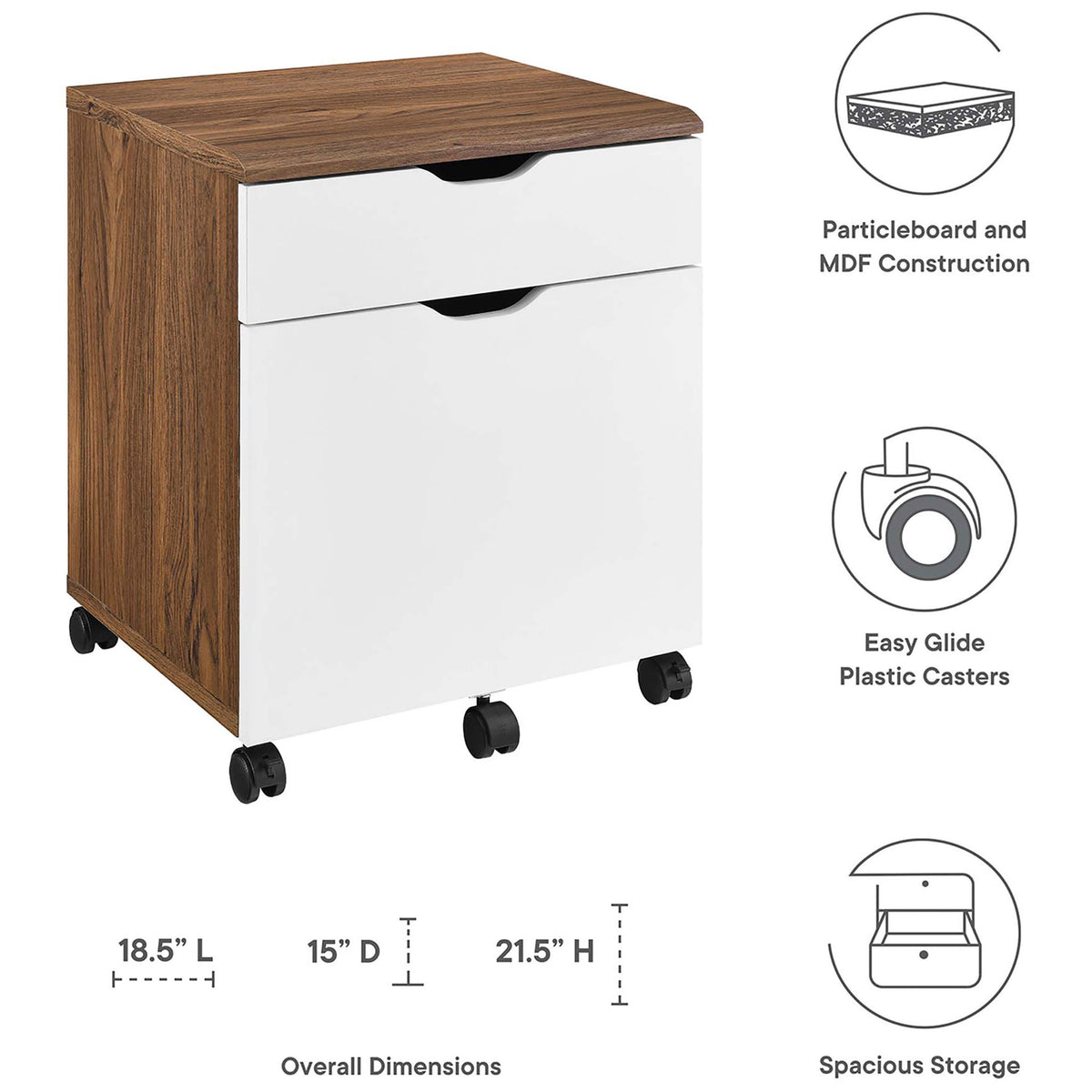 Envision file cabinet with dimensions and key features highlighted, including casters and spacious storage drawers. || EEI-5706-WAL-WHI || dimension_studio