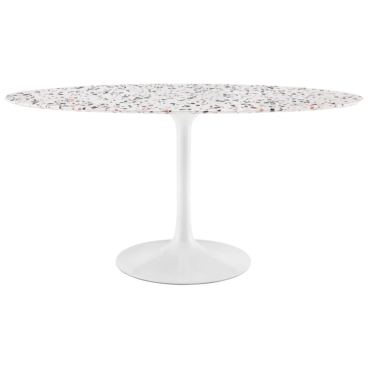 Oval white terrazzo dining table with sleek white pedestal base for a clean, modern look || EEI-5734-WHI-WHI || front_angle_studio