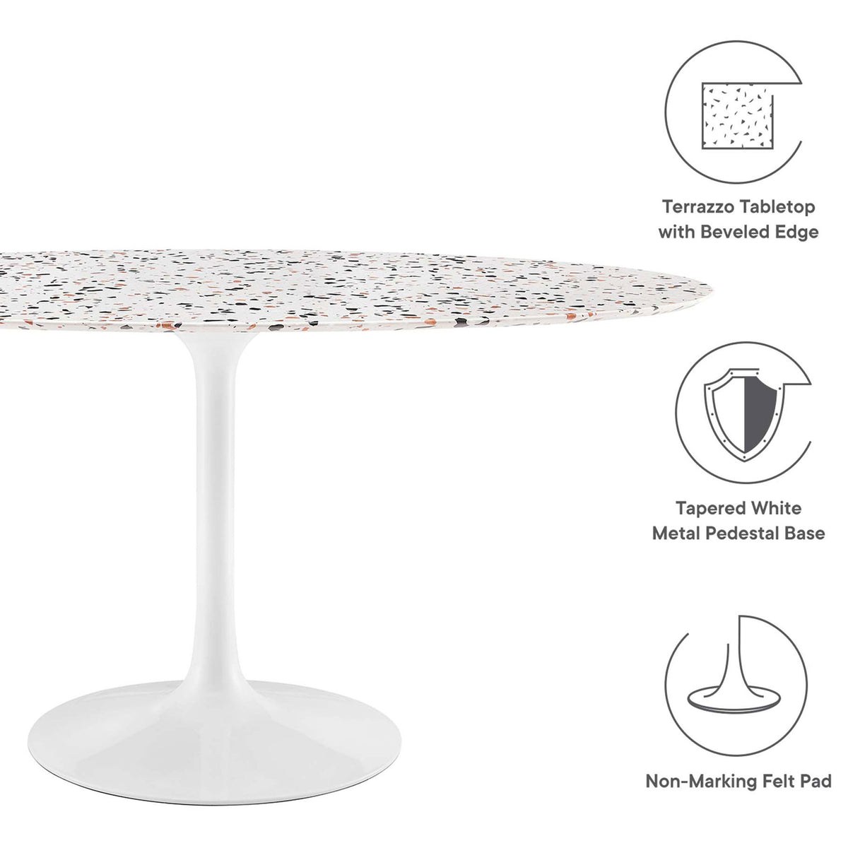 Terrazzo dining table showcasing beveled edge top, tapered white pedestal base, and non-marking felt pad || EEI-5734-WHI-WHI || callout_studio