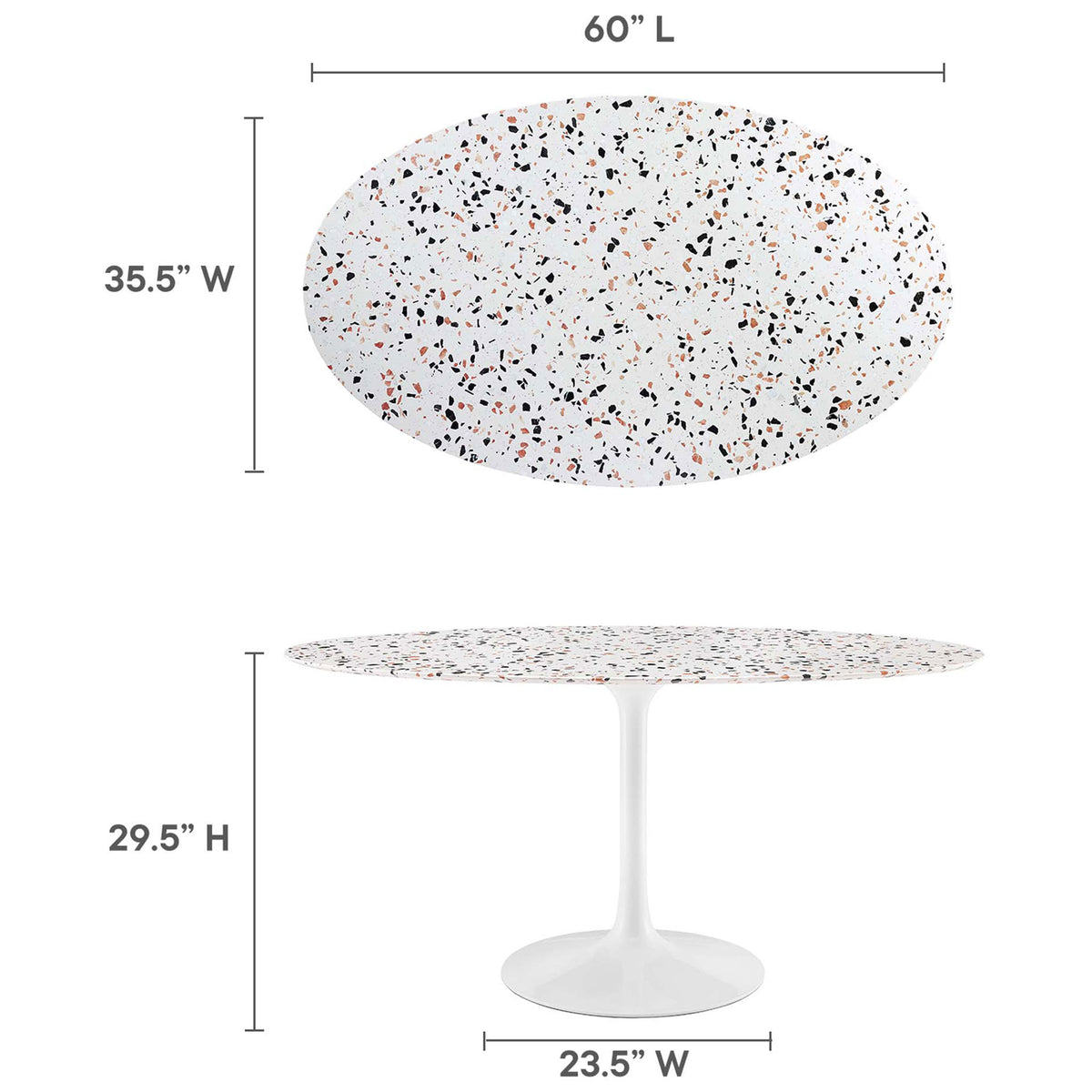 Terrazzo dining table highlighting its spacious 60 inch oval top and comfortable dining height proportions || EEI-5734-WHI-WHI || dimension_studio