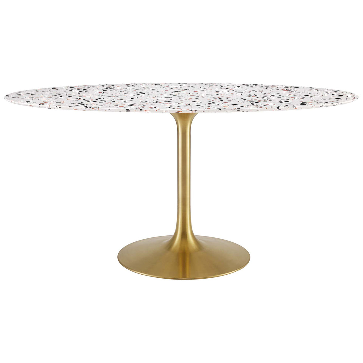 Oval terrazzo dining table with a slim brushed gold pedestal base for a chic modern centerpiece || EEI-5736-GLD-WHI || front_studio