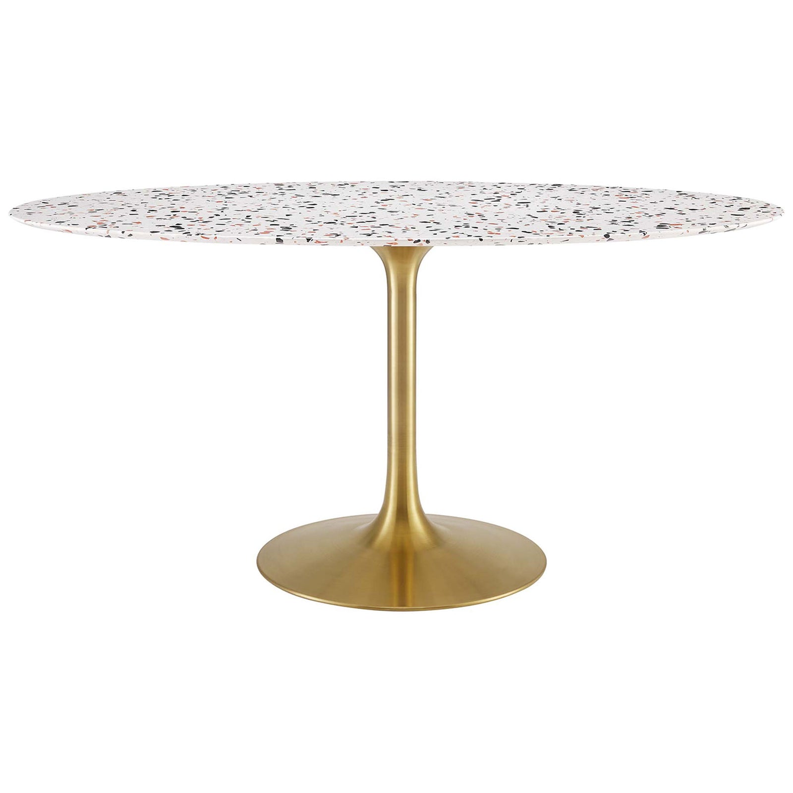 Oval terrazzo dining table with a slim brushed gold pedestal base for a chic modern centerpiece || EEI-5736-GLD-WHI || front_studio