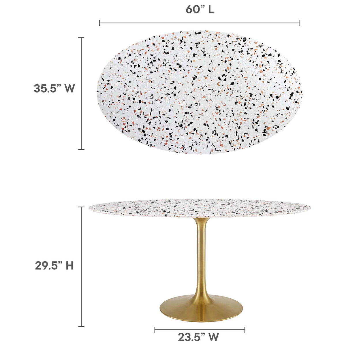 Oval terrazzo dining table with clearly labeled measurements for length, width, height, and base size || EEI-5736-GLD-WHI || dimension_studio