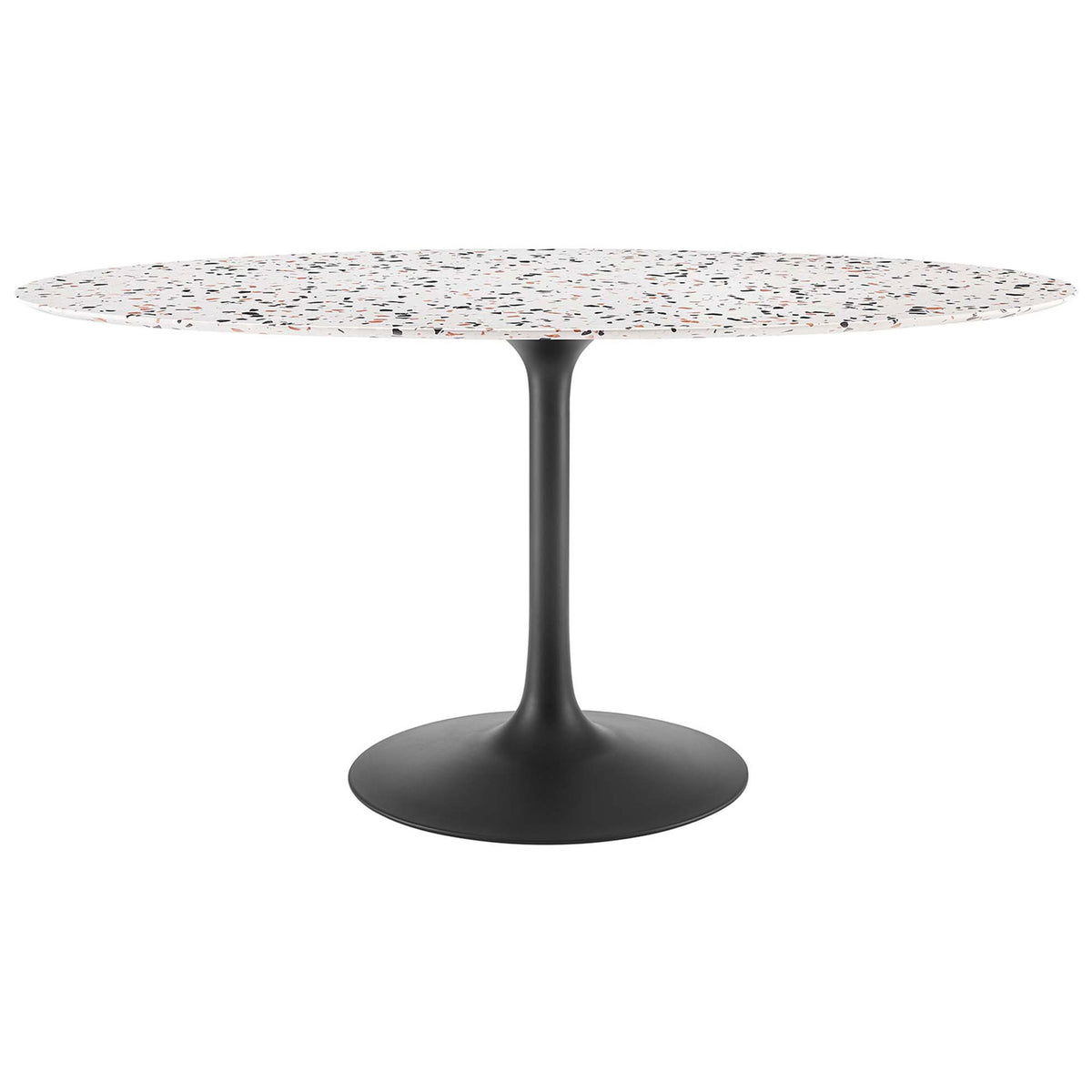Oval terrazzo dining table with speckled white top and sleek black pedestal base for a bold mid-century focal point || EEI-5737-BLK-WHI || front_angle_studio