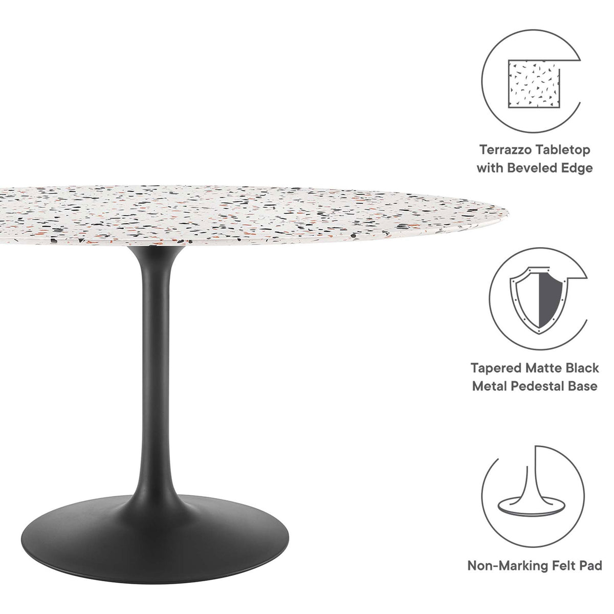 Terrazzo top, matte black pedestal base, and non-marking felt pad combine style, durability, and floor protection || EEI-5737-BLK-WHI || callout_studio