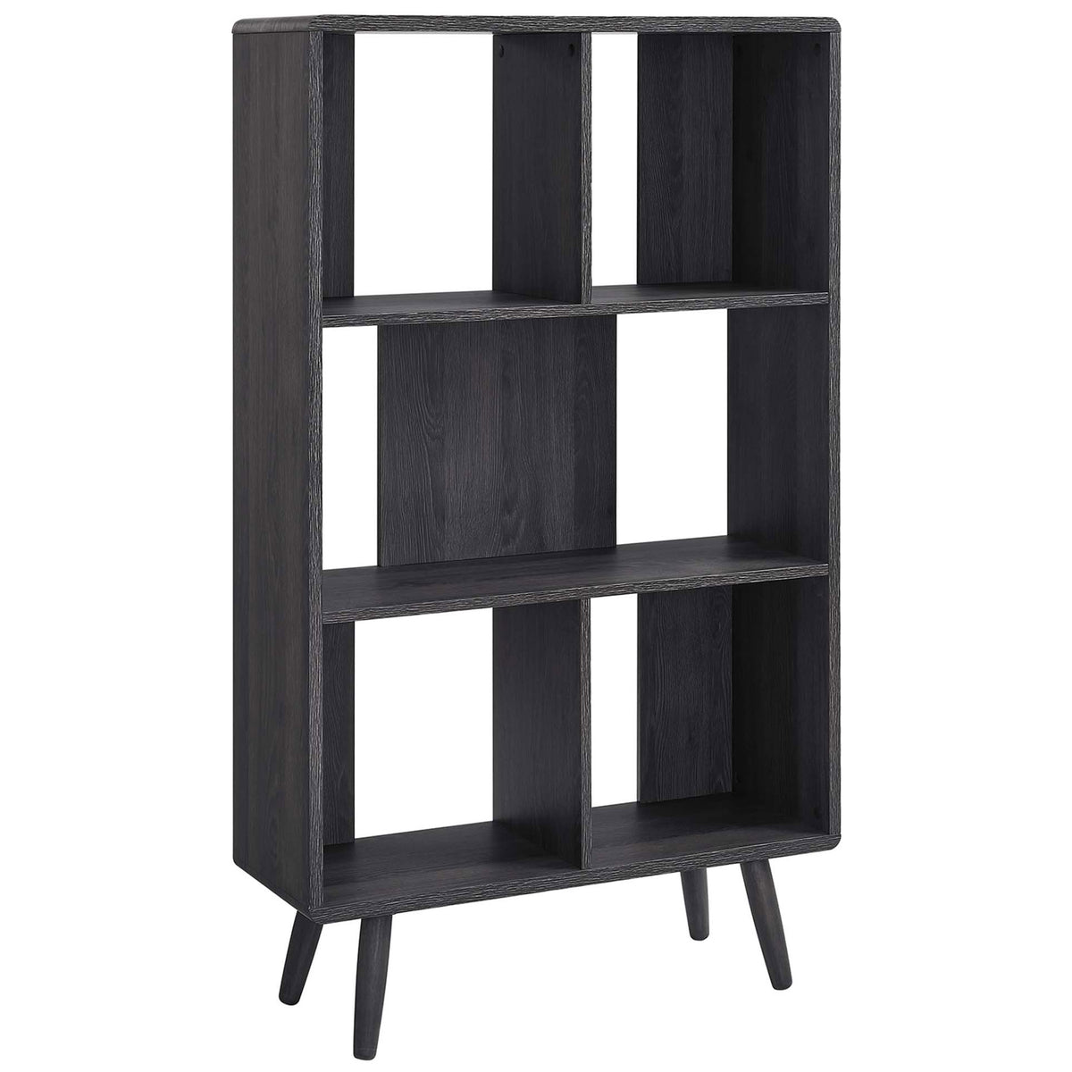 Charcoal wood grain bookcase with five open shelves and splayed dowel legs for modern display. || EEI-5743-CHA || front_angle_studio