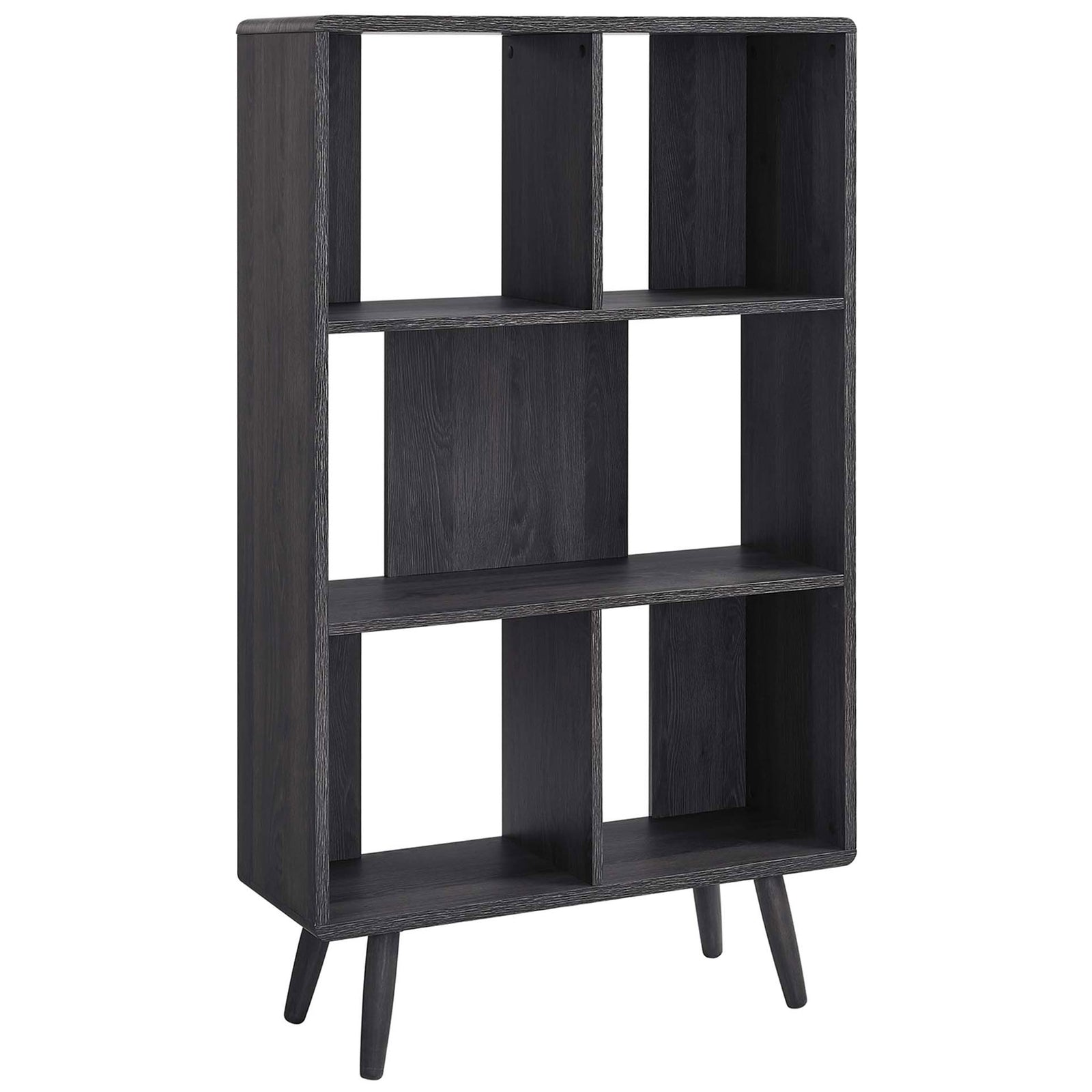 Charcoal wood grain bookcase with five open shelves and splayed dowel legs for modern display. || EEI-5743-CHA || front_angle_studio