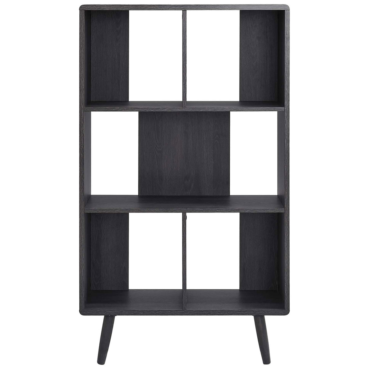 Crisp charcoal bookcase with five staggered shelves and tapered legs for a sleek, mid-century look. || EEI-5743-CHA || front_studio
