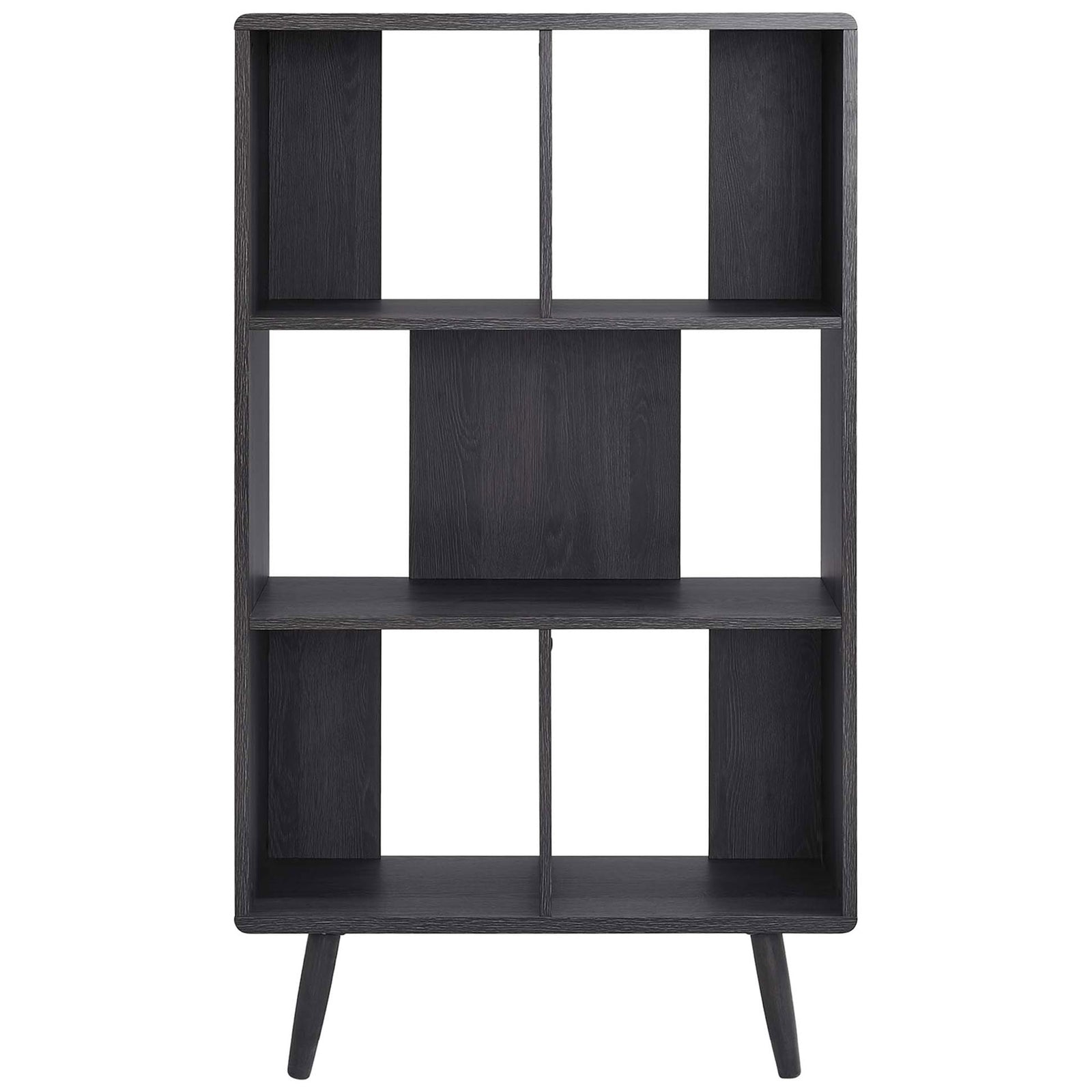 Crisp charcoal bookcase with five staggered shelves and tapered legs for a sleek, mid-century look. || EEI-5743-CHA || front_studio