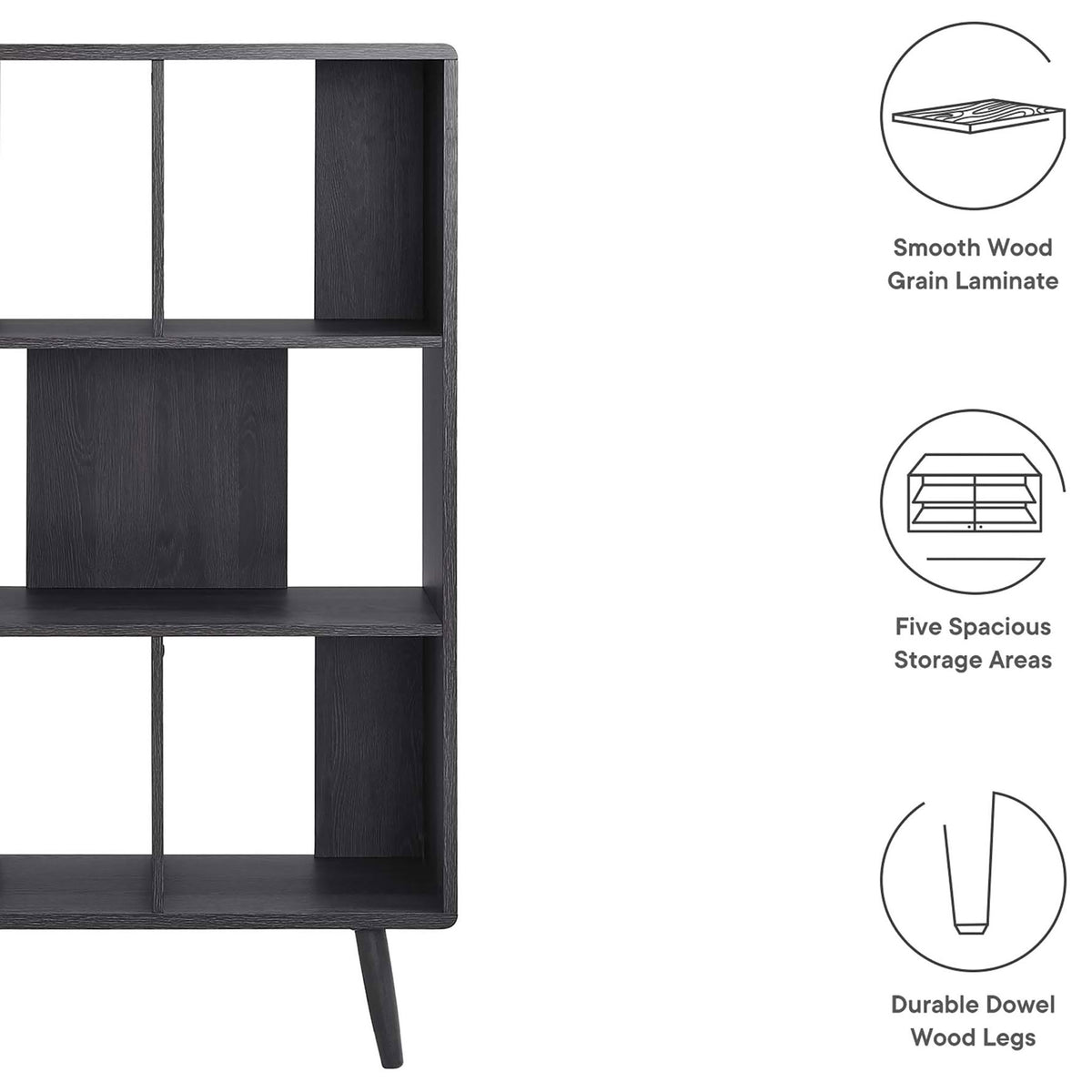 Smooth wood grain laminate, five spacious storage areas, and durable dowel legs. || EEI-5743-CHA || callout_studio