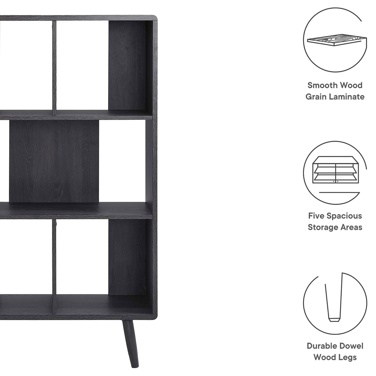 Smooth wood grain laminate, five spacious storage areas, and durable dowel legs. || EEI-5743-CHA || callout_studio