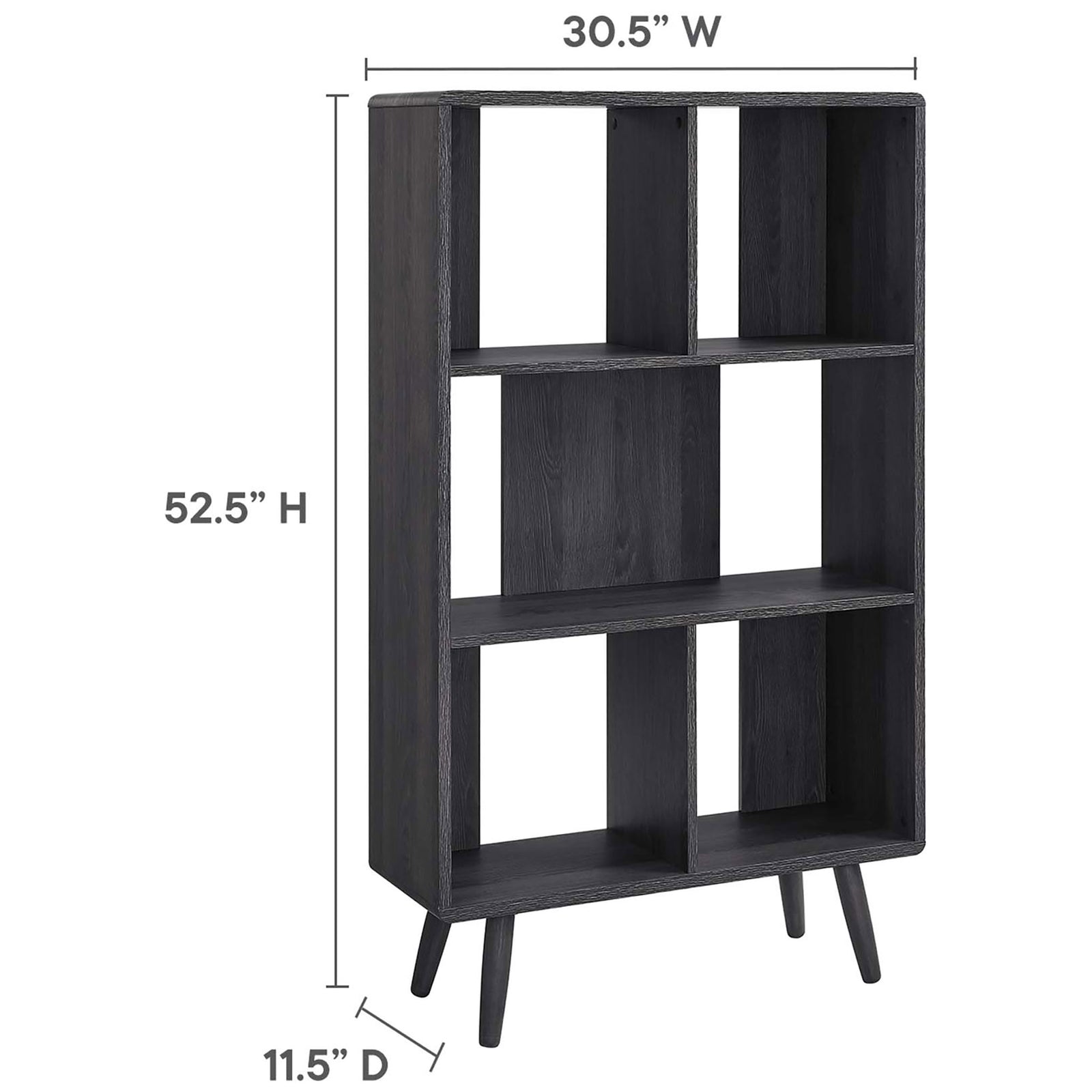 Overall dimensions: 30.5 in W x 11.5 in D x 52.5 in H for the five-shelf bookcase. || EEI-5743-CHA || dimension_studio