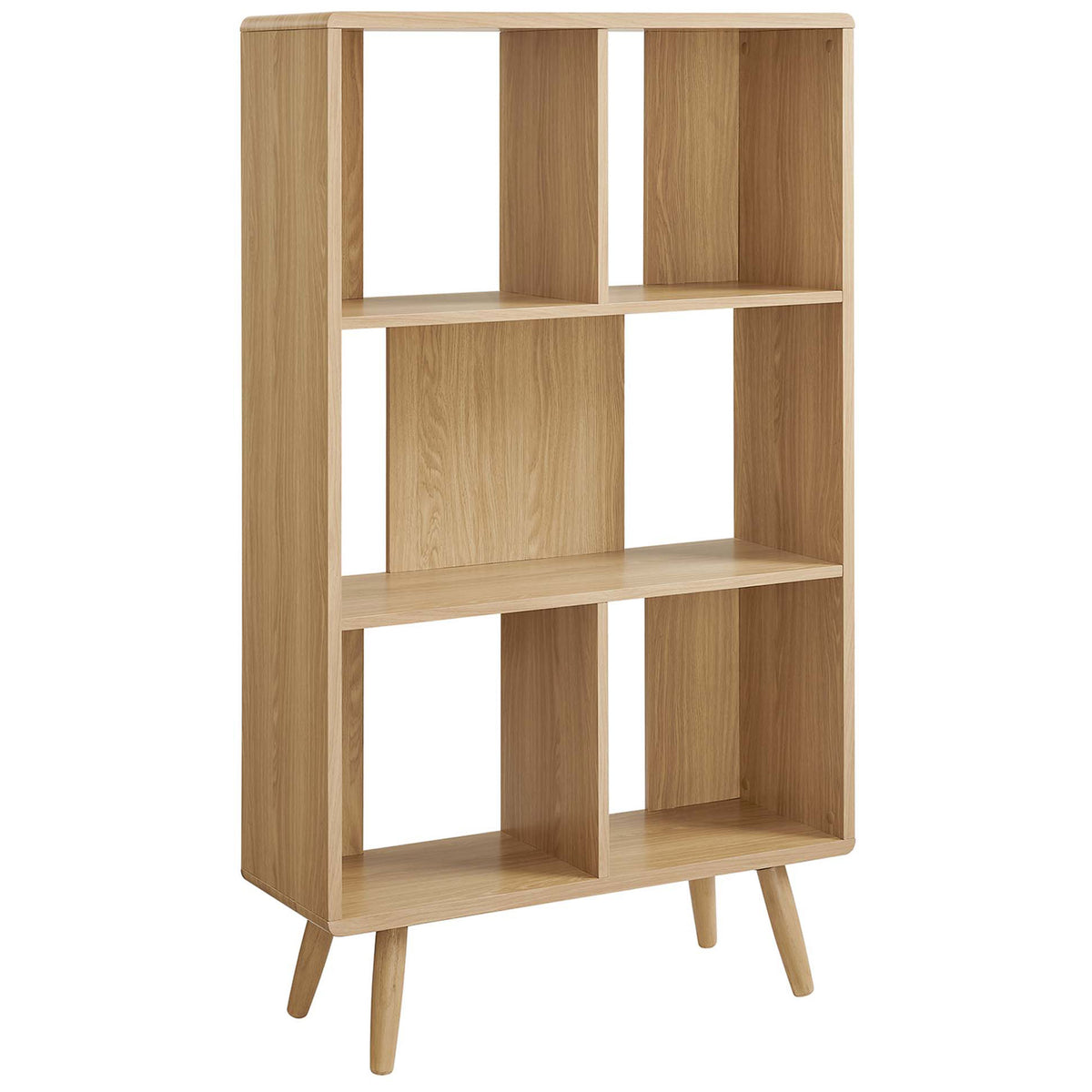 Modern oak-finish bookcase with staggered shelves and sturdy tapered wood legs || EEI-5743-OAK || front_angle_studio