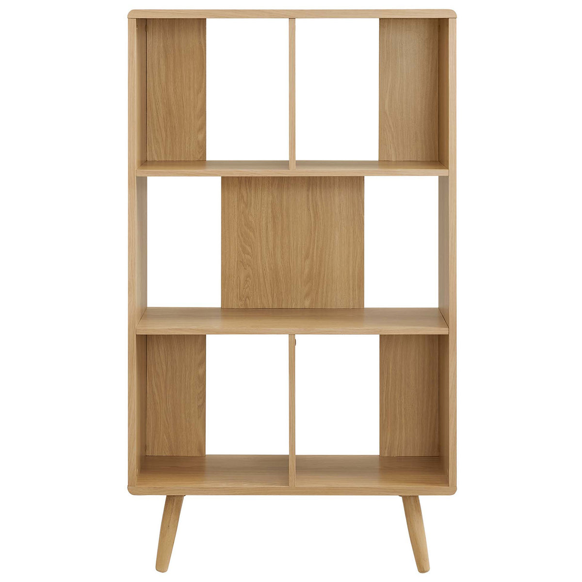 Oak wood grain bookcase with five open display areas and splayed dowel legs || EEI-5743-OAK || front_studio