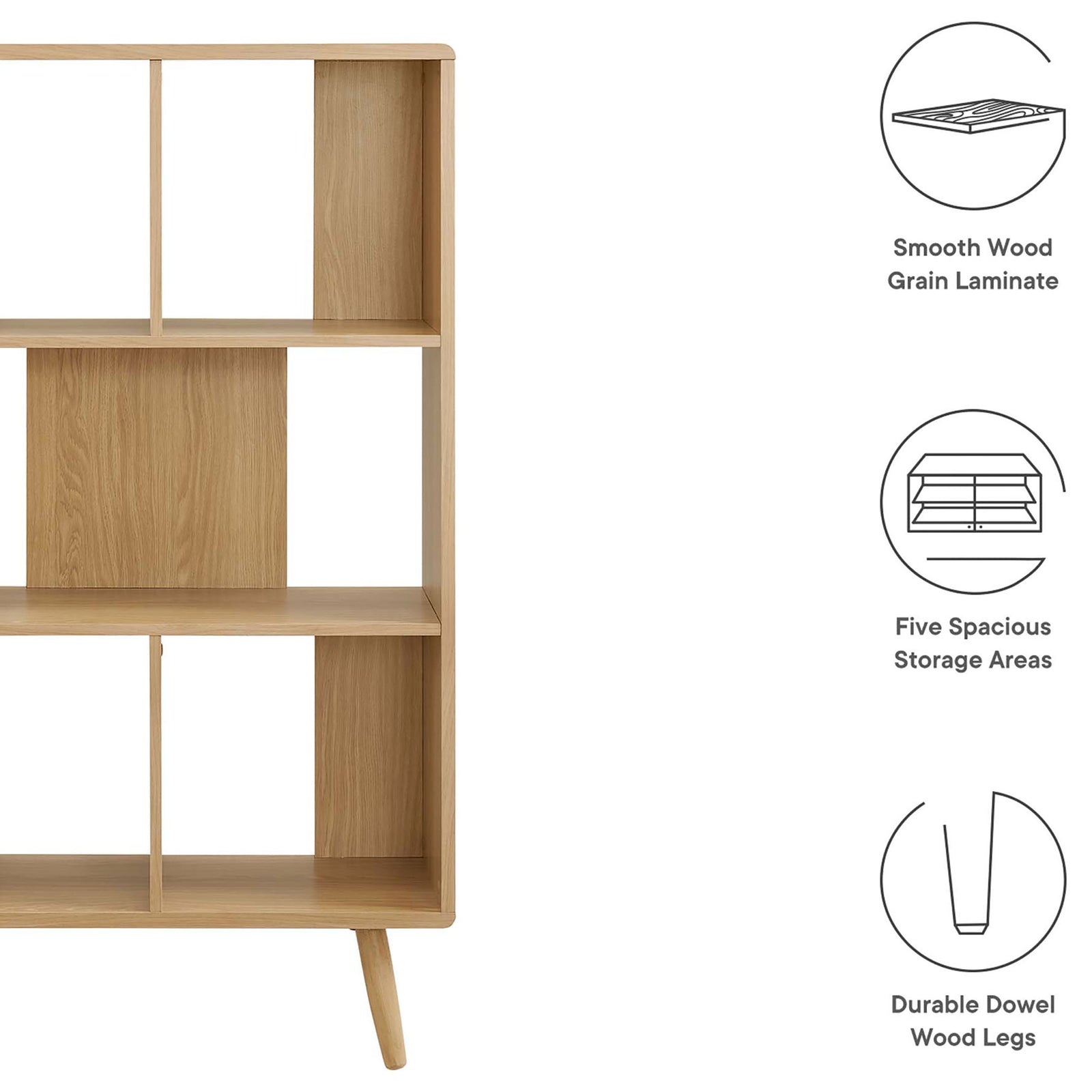 Smooth wood grain laminate, five spacious storage areas, and durable dowel legs || EEI-5743-OAK || callout_studio