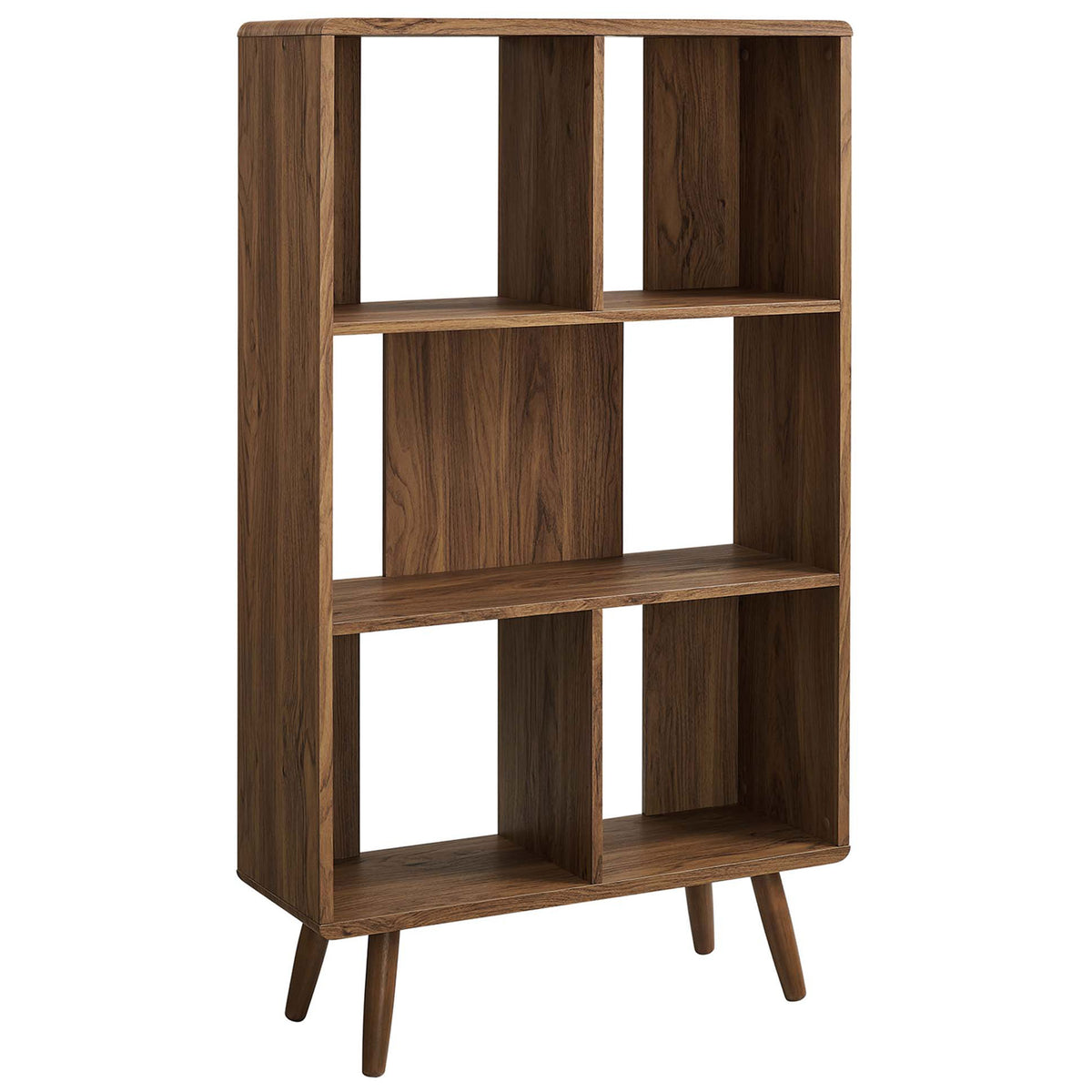Sleek bookcase showcases a rich walnut finish and staggered cubbies set on tapered, splayed legs || EEI-5743-WAL || front_angle_studio