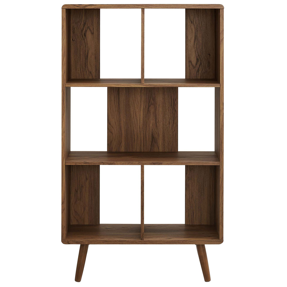 Walnut wood grain bookcase with five open shelves and splayed dowel legs for a mid-century touch || EEI-5743-WAL || front_studio