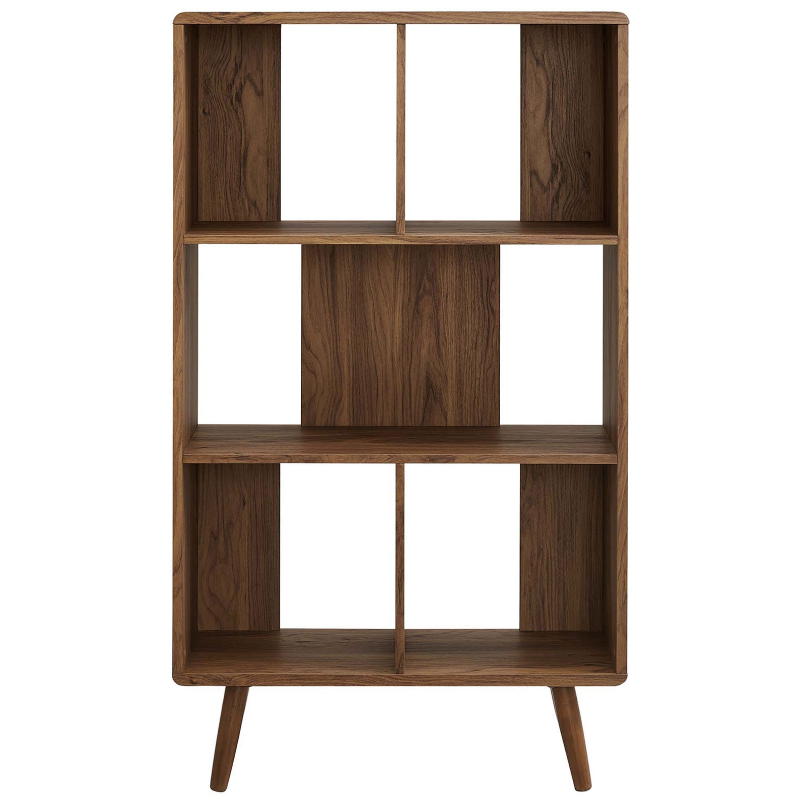 Walnut wood grain bookcase with five open shelves and splayed dowel legs for a mid-century touch || EEI-5743-WAL || front_studio