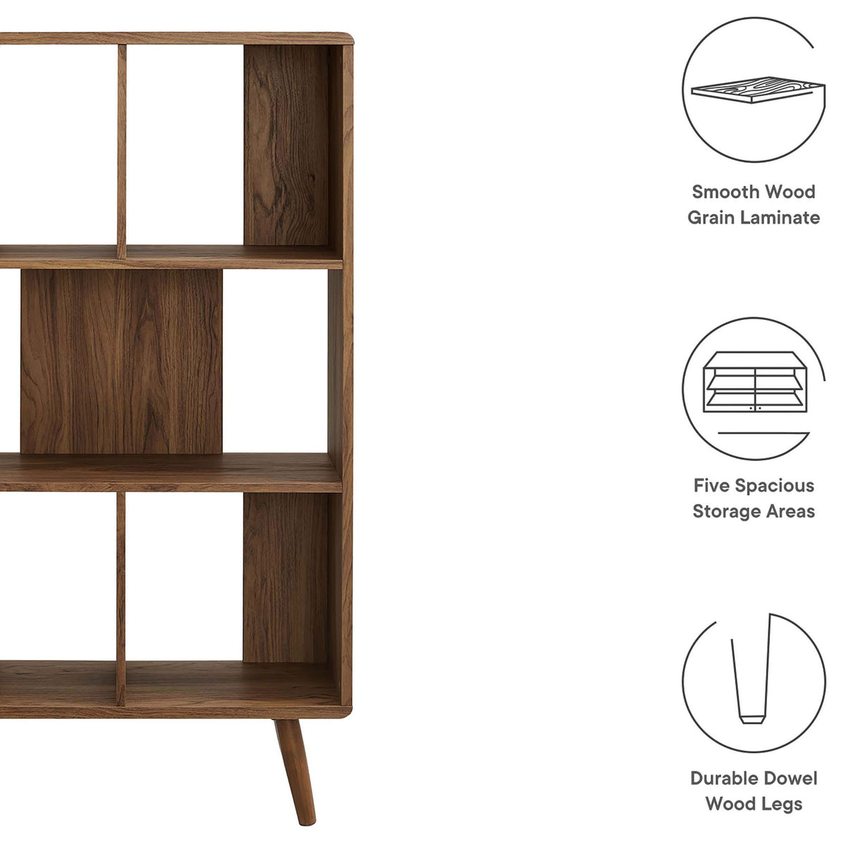 Key features include smooth wood grain laminate, five storage areas, and durable dowel wood legs || EEI-5743-WAL || callout_studio