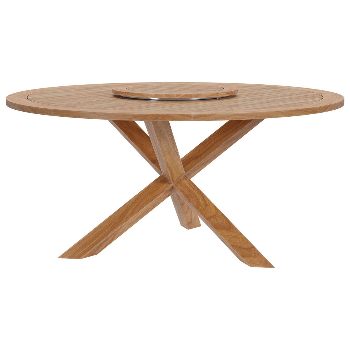 Round teak patio dining table with sculptural cross-leg base and inset lazy Susan || EEI-5745-NAT || front_studio