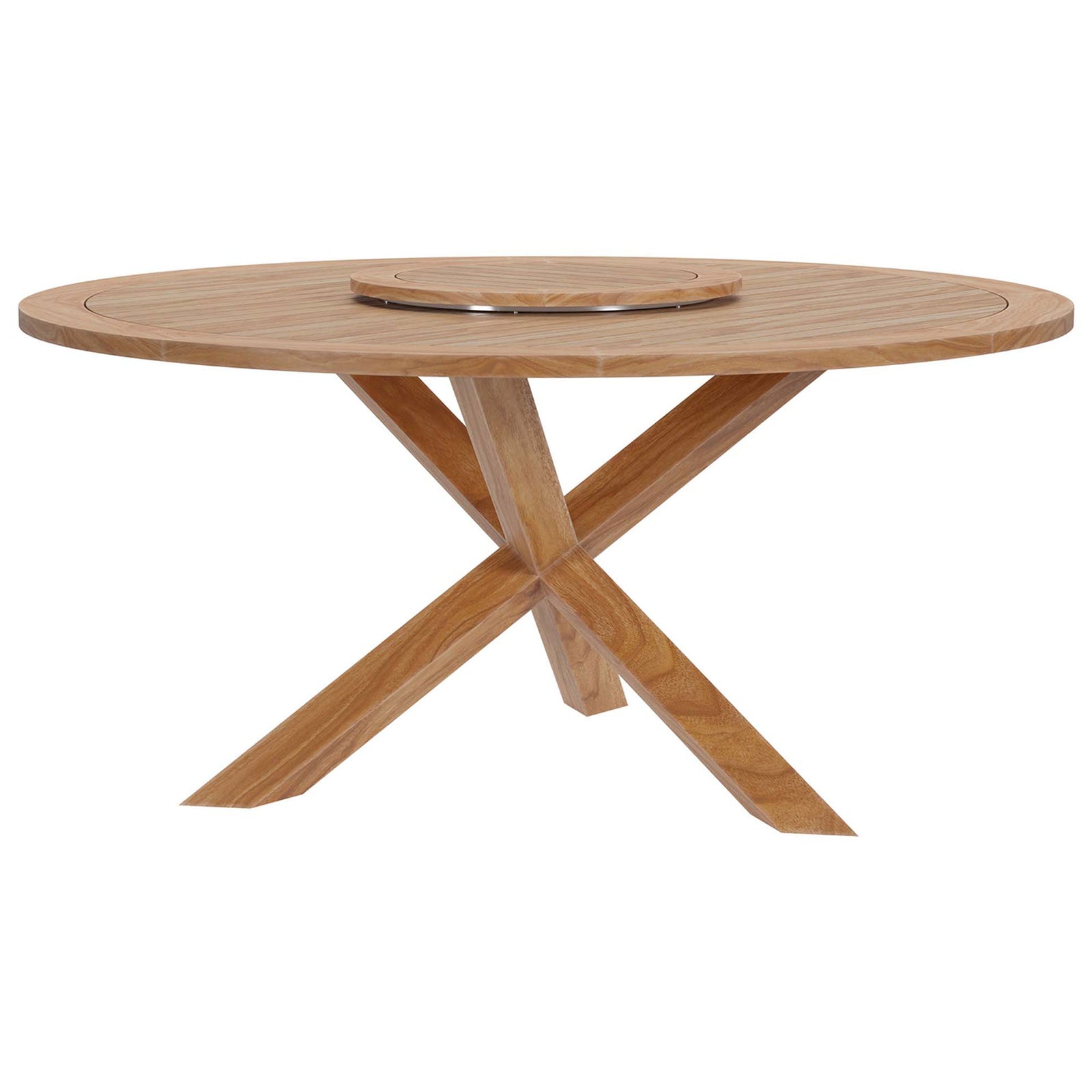 Round teak patio dining table with sculptural cross-leg base and inset lazy Susan || EEI-5745-NAT || front_studio