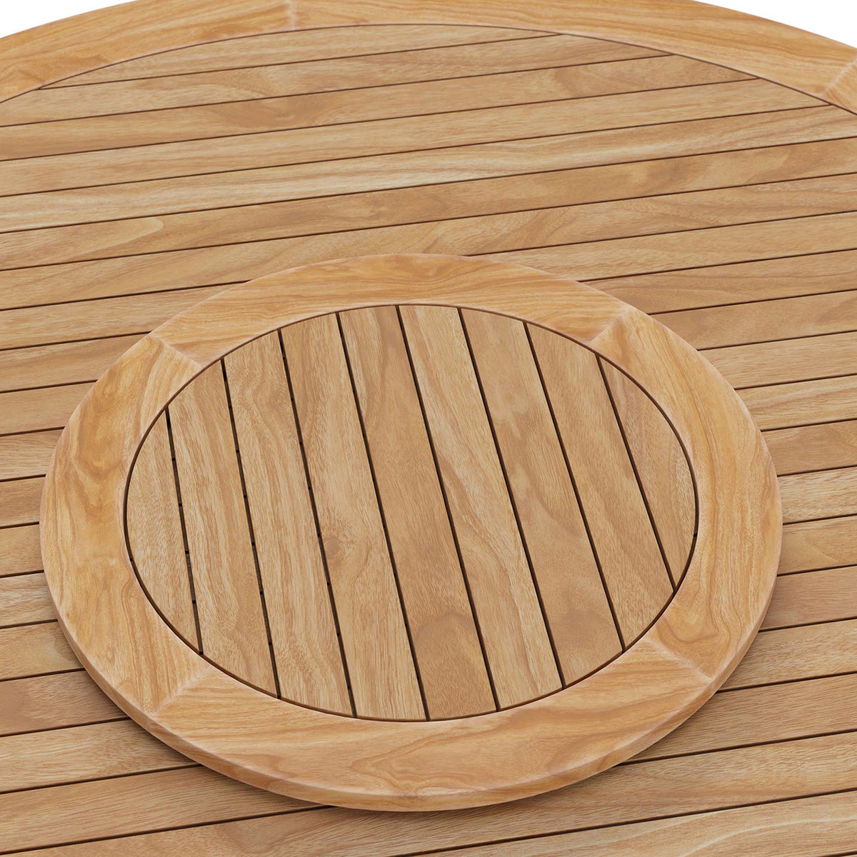 Slatted teak tabletop with round lazy Susan serving tray detail || EEI-5745-NAT || detail_studio