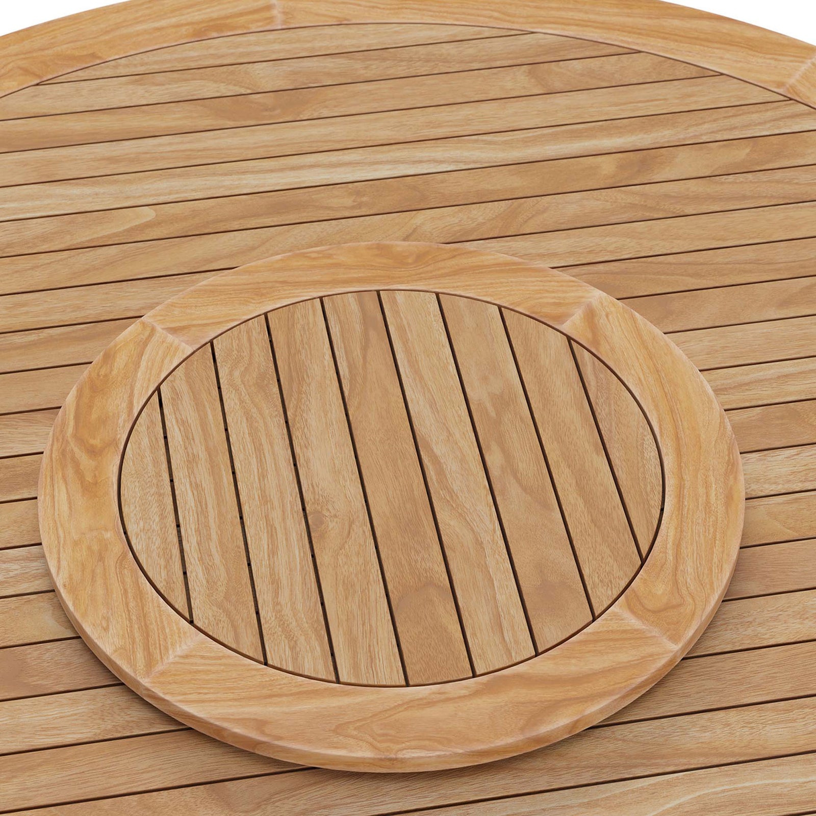 Slatted teak tabletop with round lazy Susan serving tray detail || EEI-5745-NAT || detail_studio