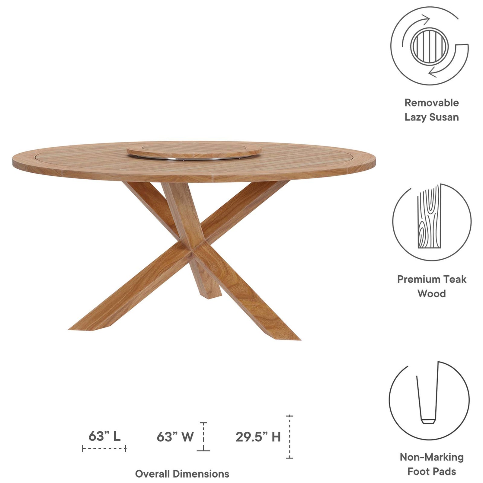 Dimension graphic highlighting the round teak dining table with lazy Susan and key features || EEI-5745-NAT || dimension_studio