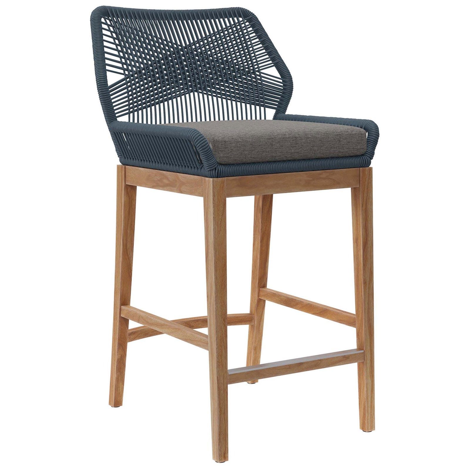 Modern blue graphite bar stool featuring hand-woven rope sides, plush gray cushion, and slim teak legs. || EEI-5746-BLU-GPH || front_angle_studio