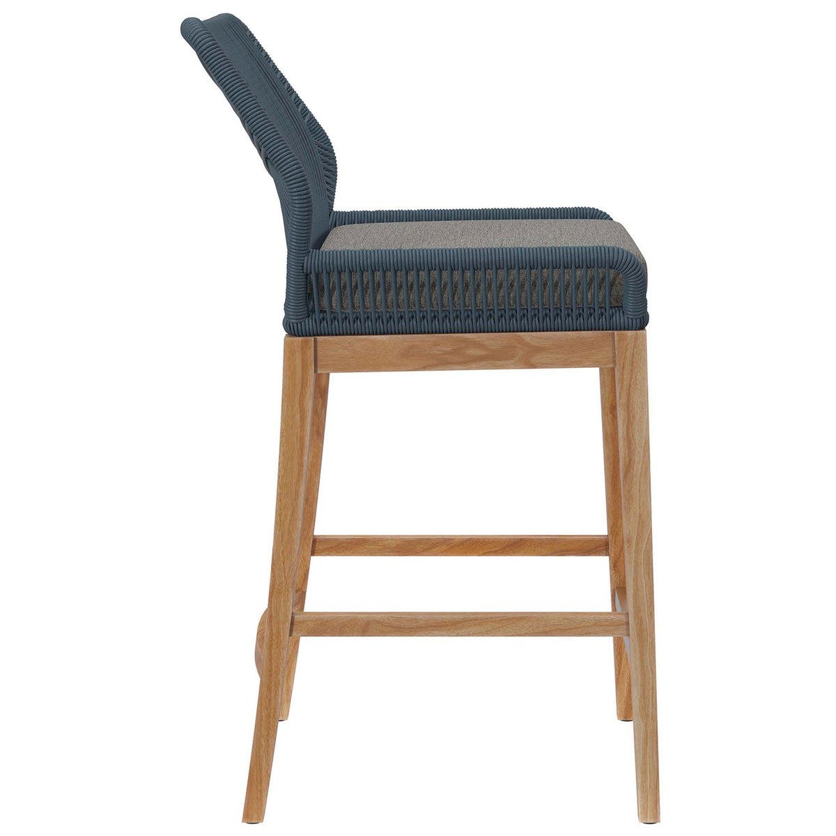Blue graphite bar stool showcasing the gently reclined back, padded gray seat, and low front footrest. || EEI-5746-BLU-GPH || side_studio