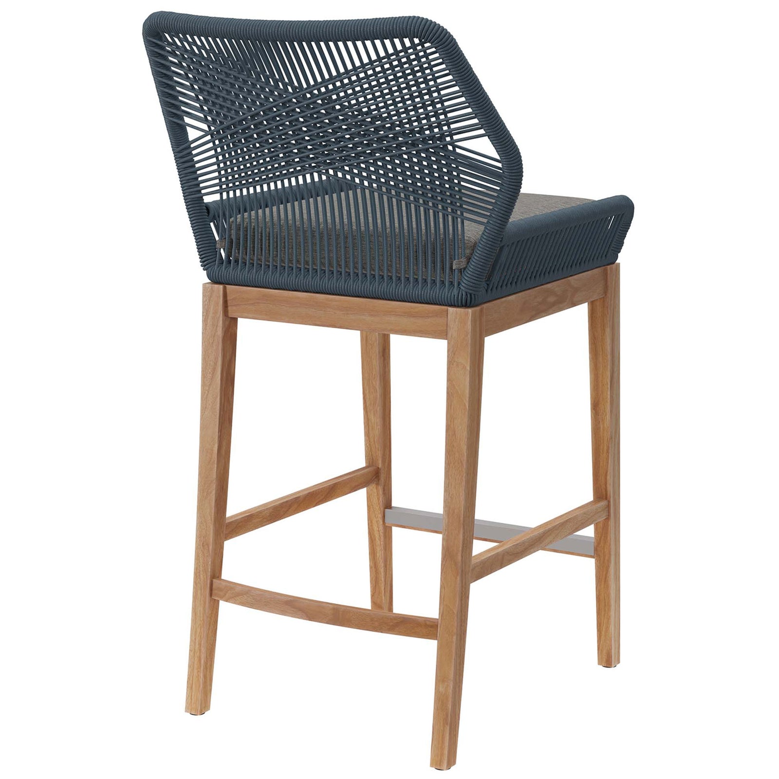 Blue graphite rope bar stool emphasizing the airy open back pattern and solid teak wood stretchers. || EEI-5746-BLU-GPH || back_angle_studio