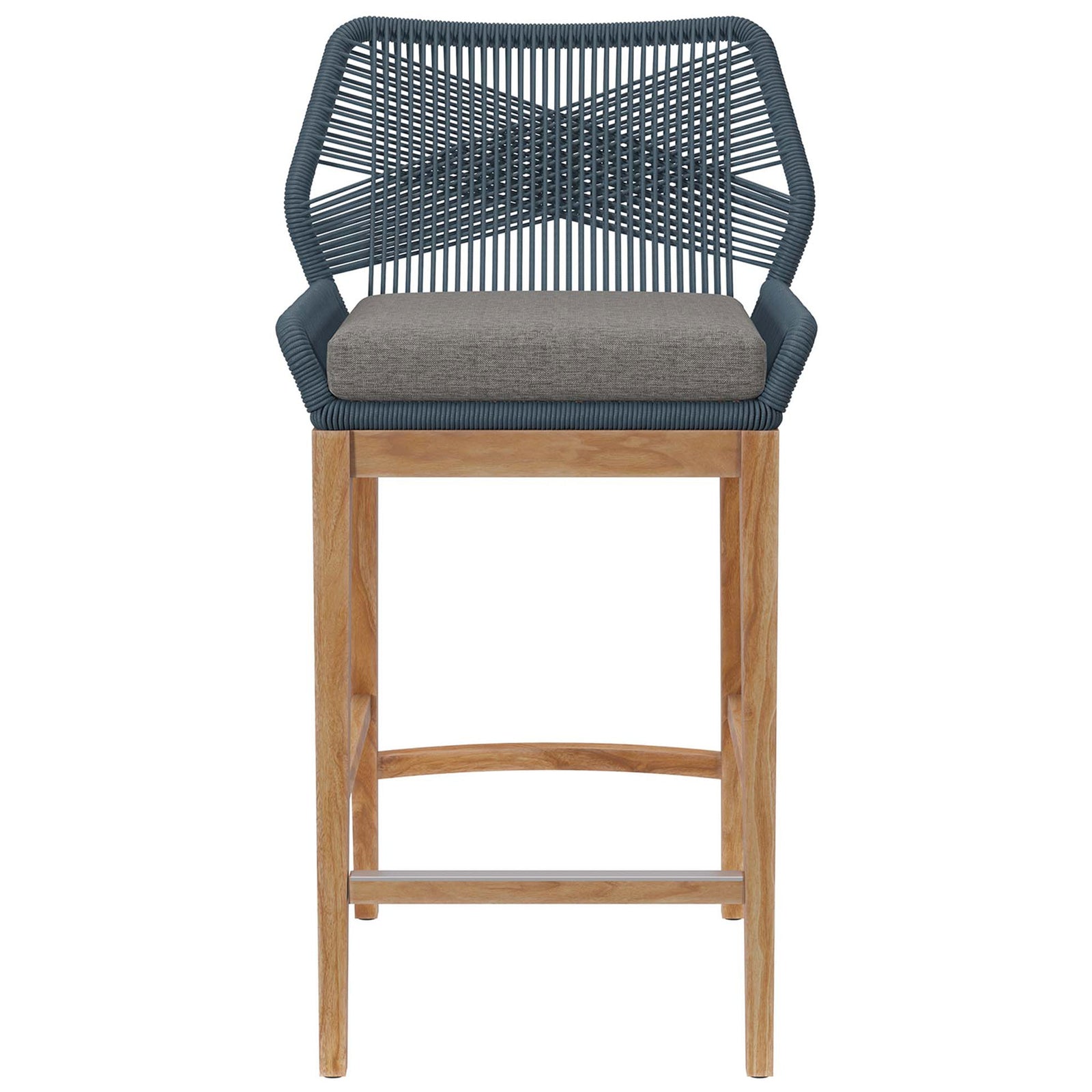 Wellspring blue graphite bar stool with crisscross rope back and gray cushion on teak wood base. || EEI-5746-BLU-GPH || front_studio