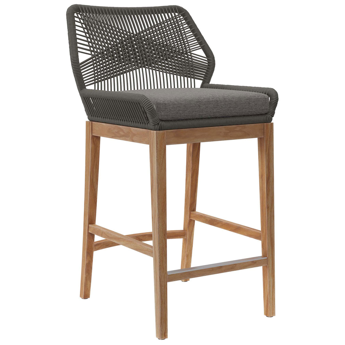 Gray graphite bar stool featuring hand-woven rope sides, plush gray cushion, and slim teak legs. || EEI-5746-GRY-GPH || front_angle_studio