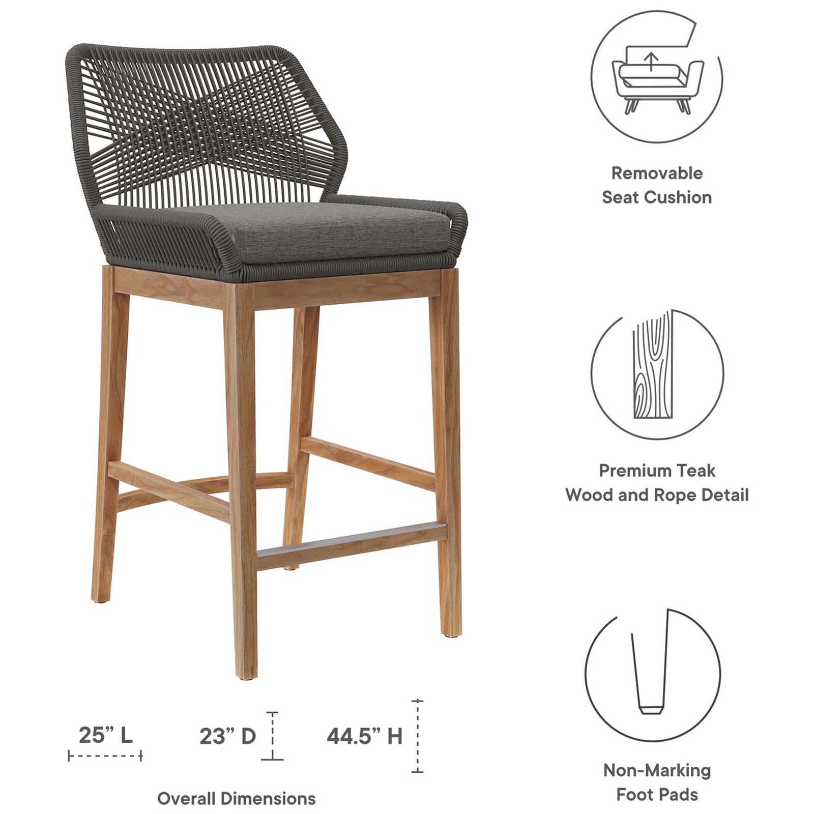Gray graphite bar stool with rope back and cushion, shown with clearly labeled overall dimensions and features. || EEI-5746-GRY-GPH || dimension_studio