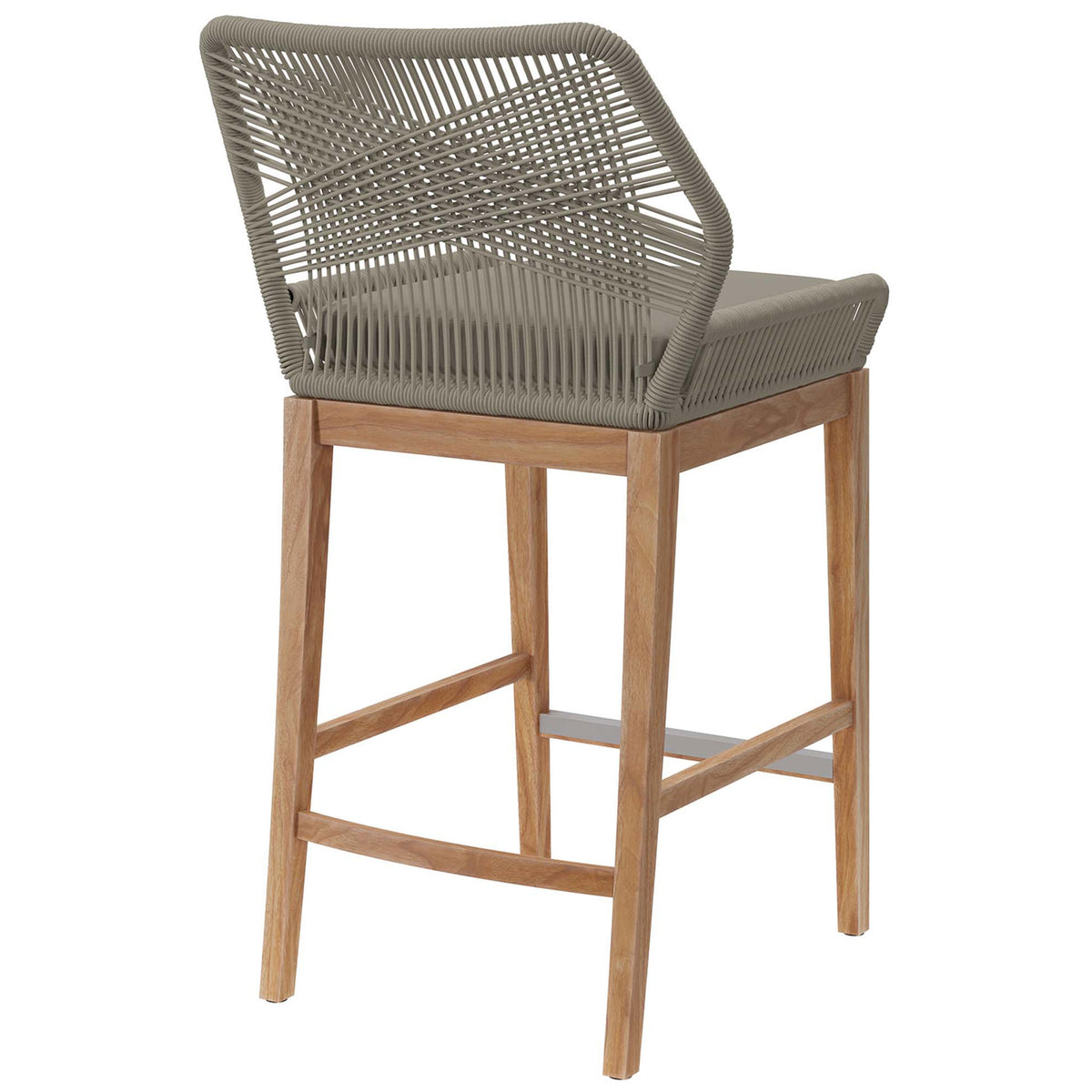 Light gray greige rope bar stool emphasizing the open lattice back pattern and sturdy teak stretchers. || EEI-5746-LGR-GRG || back_angle_studio