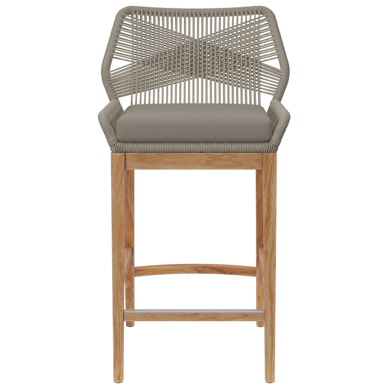 Wellspring light gray greige bar stool with crisscross rope back, matching cushion, and warm teak wood base. || EEI-5746-LGR-GRG || front_studio