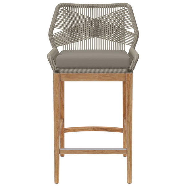 Wellspring light gray greige bar stool with crisscross rope back, matching cushion, and warm teak wood base. || EEI-5746-LGR-GRG || front_studio
