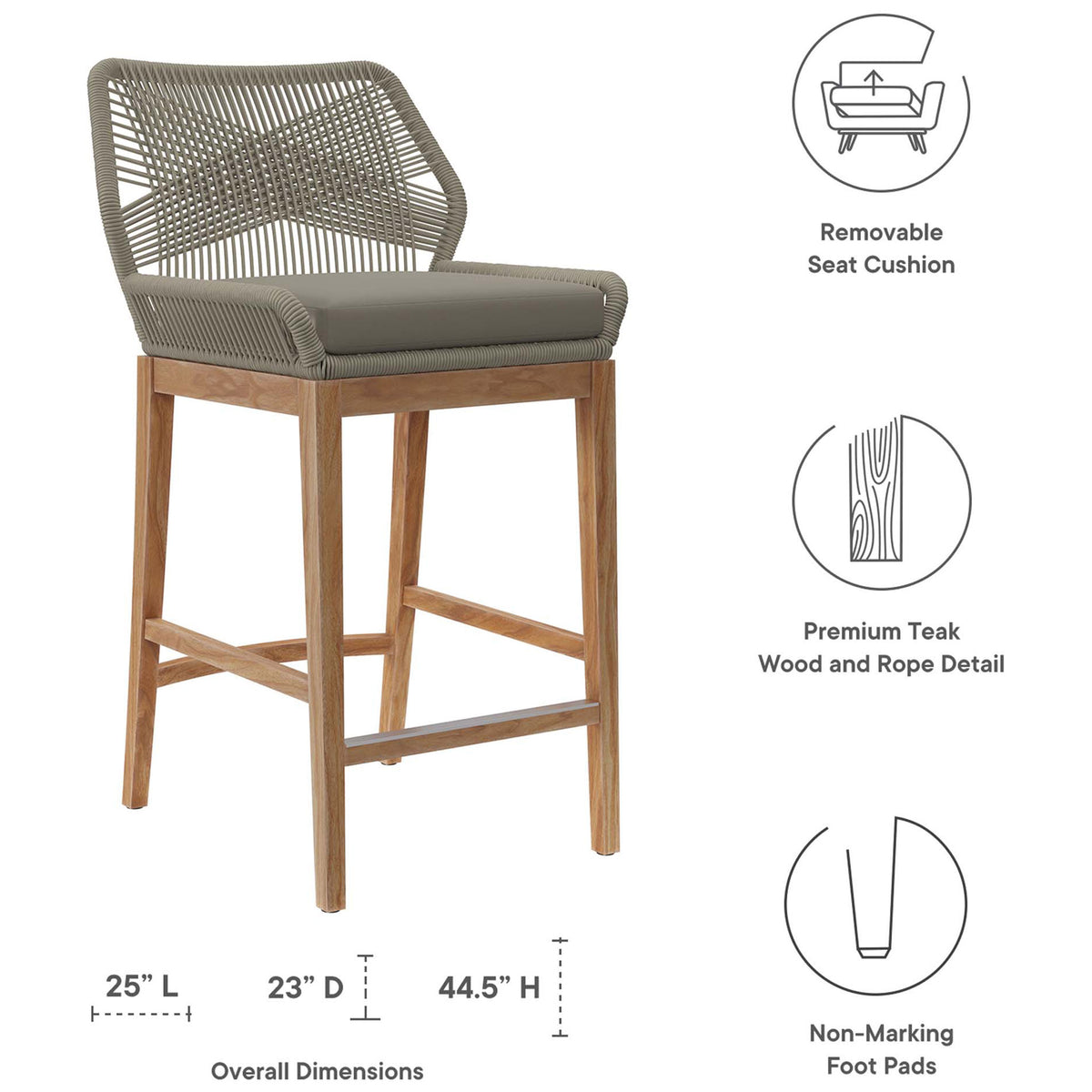 Light gray greige bar stool with rope back and cushion, shown with labeled overall dimensions and key features. || EEI-5746-LGR-GRG || dimension_studio