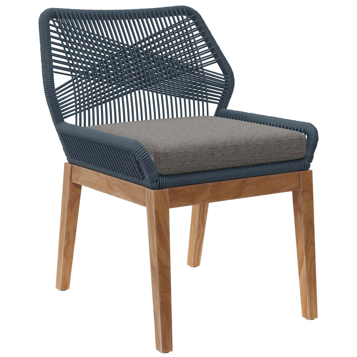 Wellspring blue graphite dining chair features an open rope back and plush gray cushion over teak legs || EEI-5747-BLU-GPH || front_angle_studio