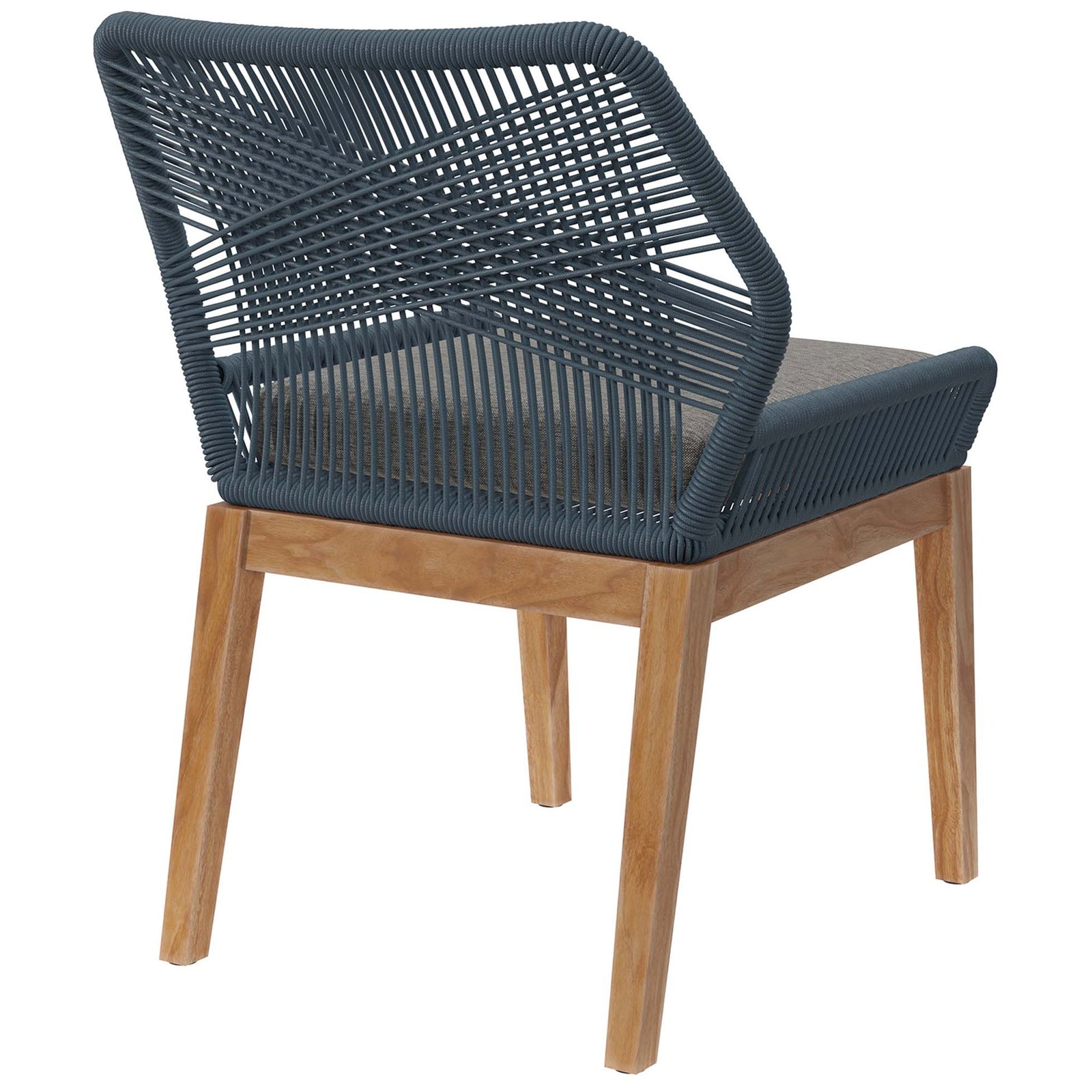 Distinctive X pattern in the blue rope backrest adds airy support above the warm teak wood base || EEI-5747-BLU-GPH || back_angle_studio