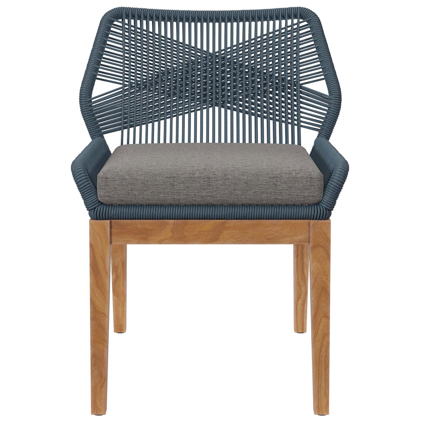 Blue graphite rope patio dining chair with gray cushion and teak legs for contemporary outdoor seating || EEI-5747-BLU-GPH || front_studio
