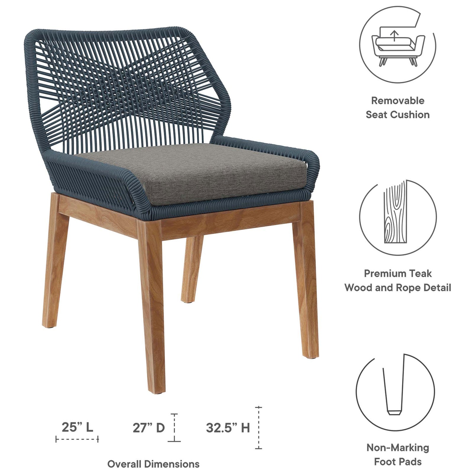 Blue graphite outdoor dining chair with callouts for overall dimensions, removable cushion, and foot pads || EEI-5747-BLU-GPH || dimension_studio