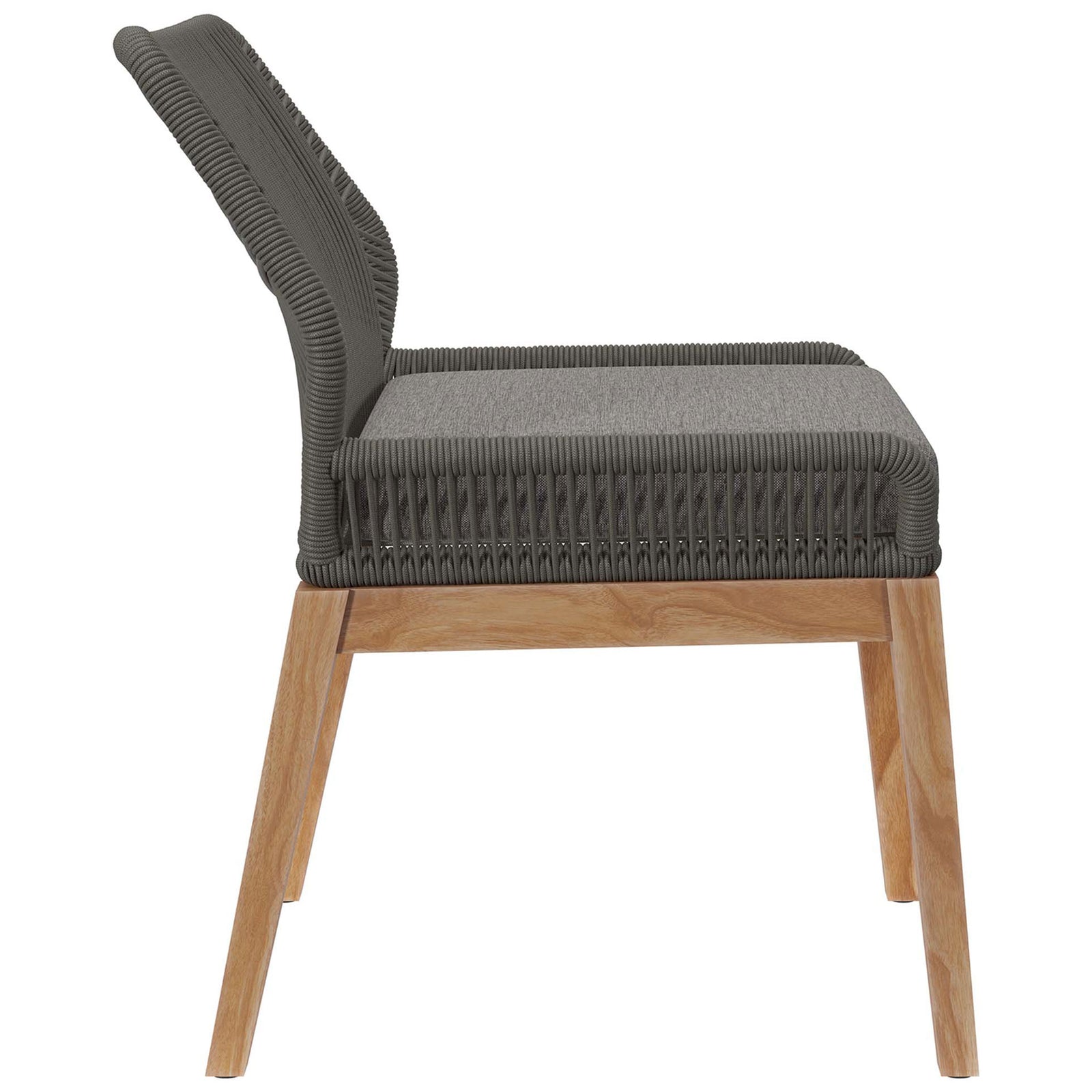 Curved gray rope seat, gently reclined backrest, and sturdy teak frame create a sleek outdoor dining chair || EEI-5747-GRY-GPH || side_studio
