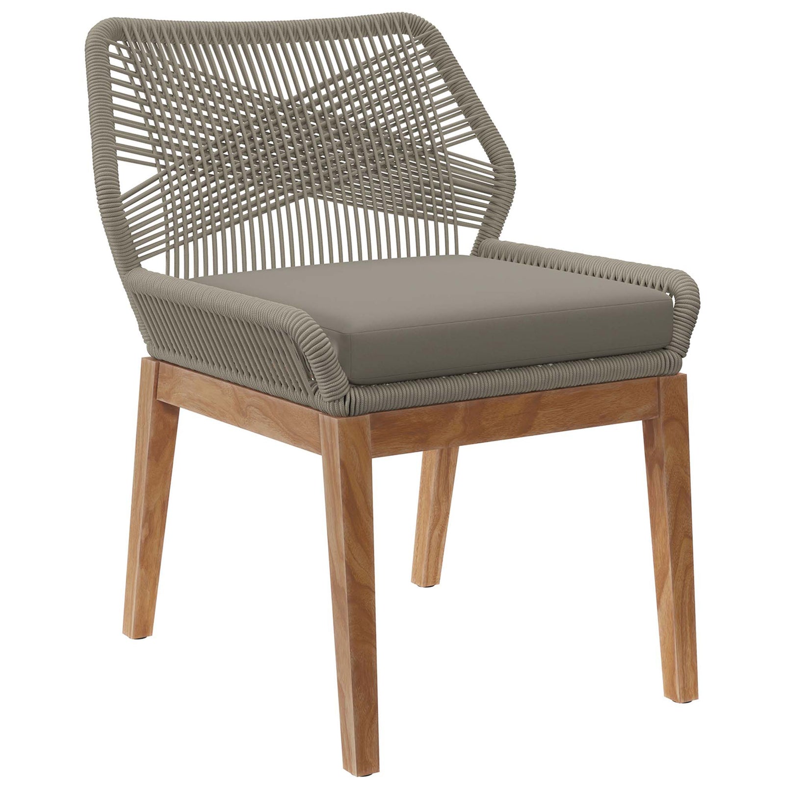 Wellspring light gray greige dining chair showcases an airy rope back and plush cushion over teak wood || EEI-5747-LGR-GRG || front_angle_studio