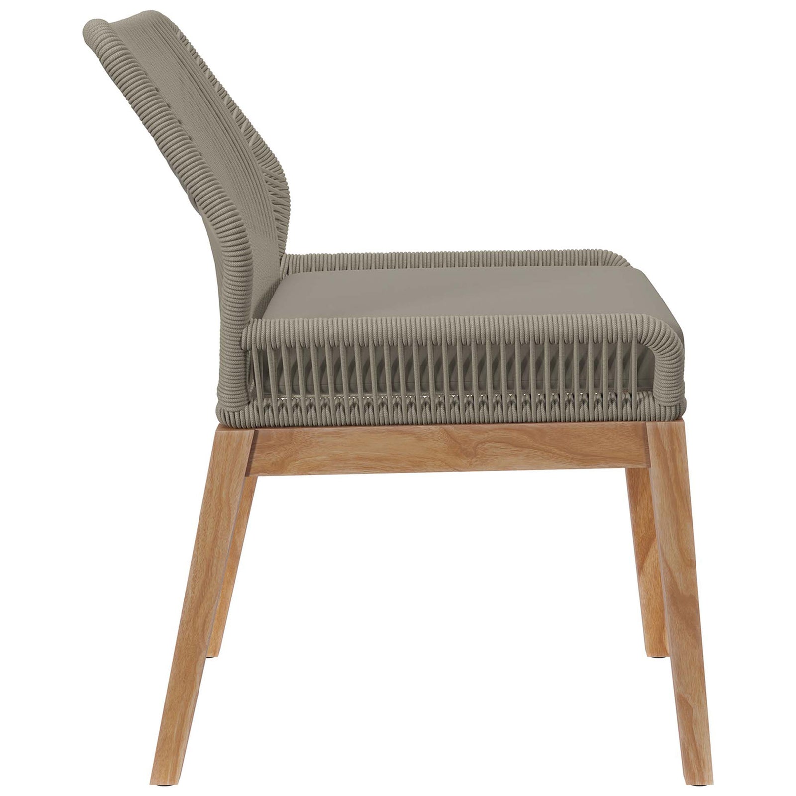 Soft light gray greige rope seat, relaxed backrest, and sturdy teak base bring casual elegance to this patio chair || EEI-5747-LGR-GRG || side_studio