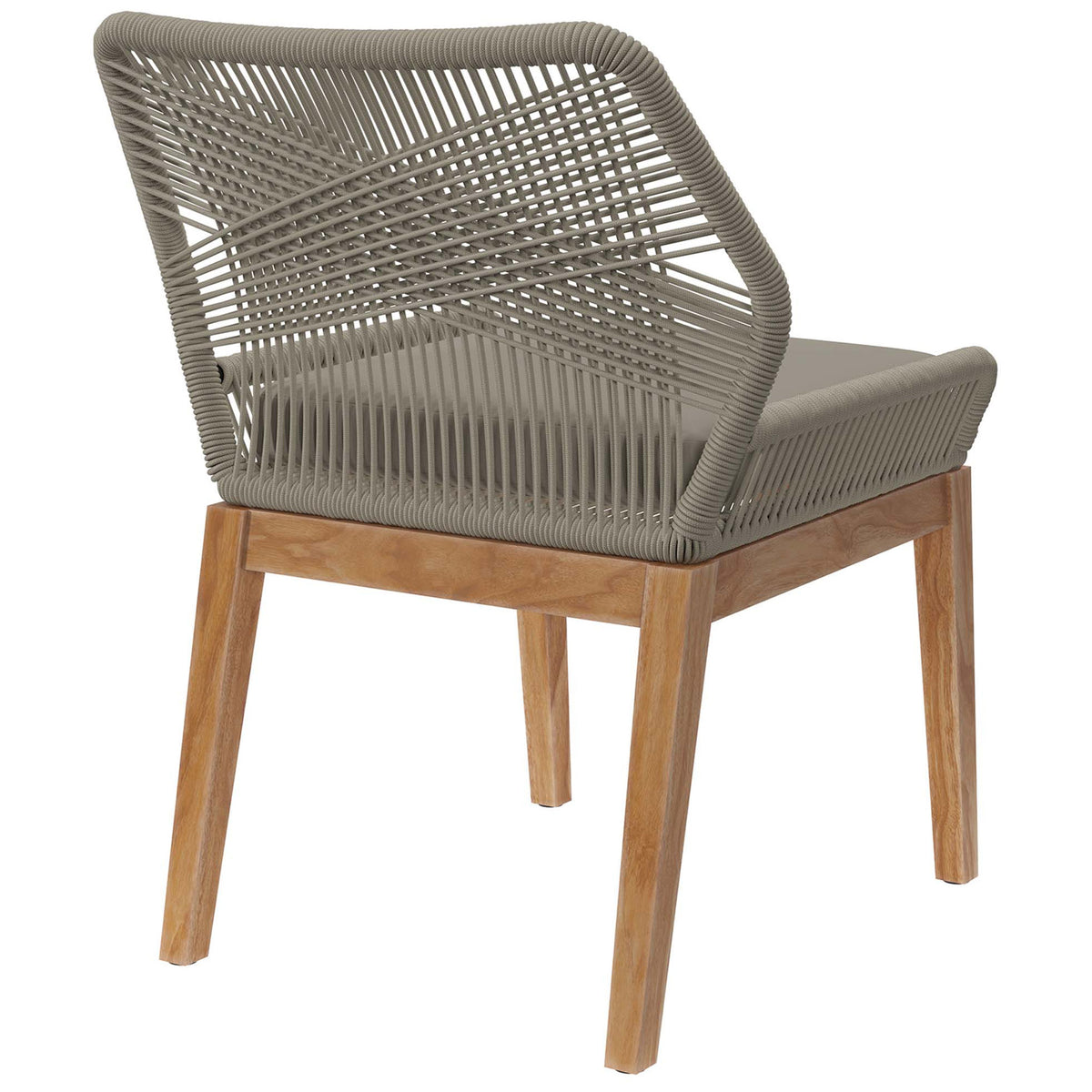 Light gray greige rope backrest with bold X pattern pairs with warm teak legs for a refined outdoor chair || EEI-5747-LGR-GRG || back_angle_studio