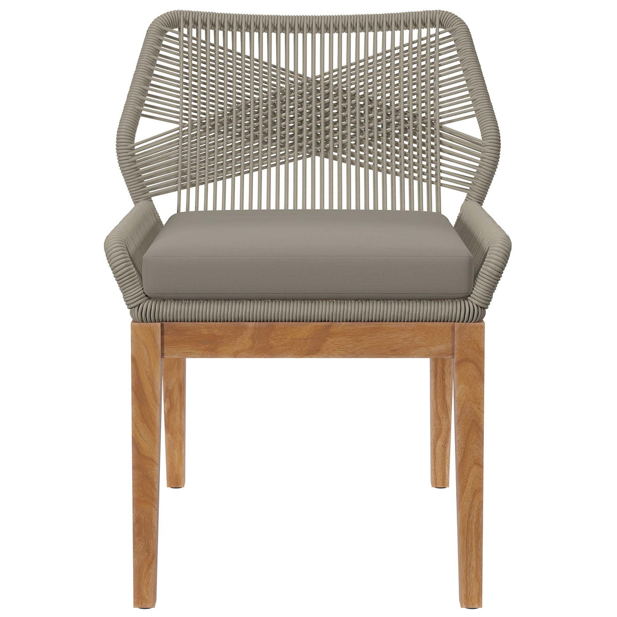 Light gray greige rope patio dining chair with matching cushion and teak legs for versatile outdoor seating || EEI-5747-LGR-GRG || front_studio