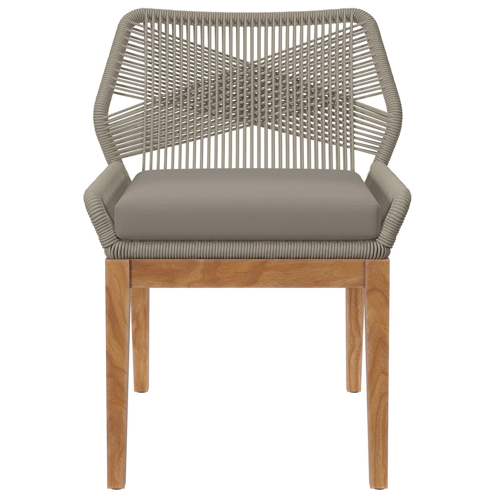 Light gray greige rope patio dining chair with matching cushion and teak legs for versatile outdoor seating || EEI-5747-LGR-GRG || front_studio